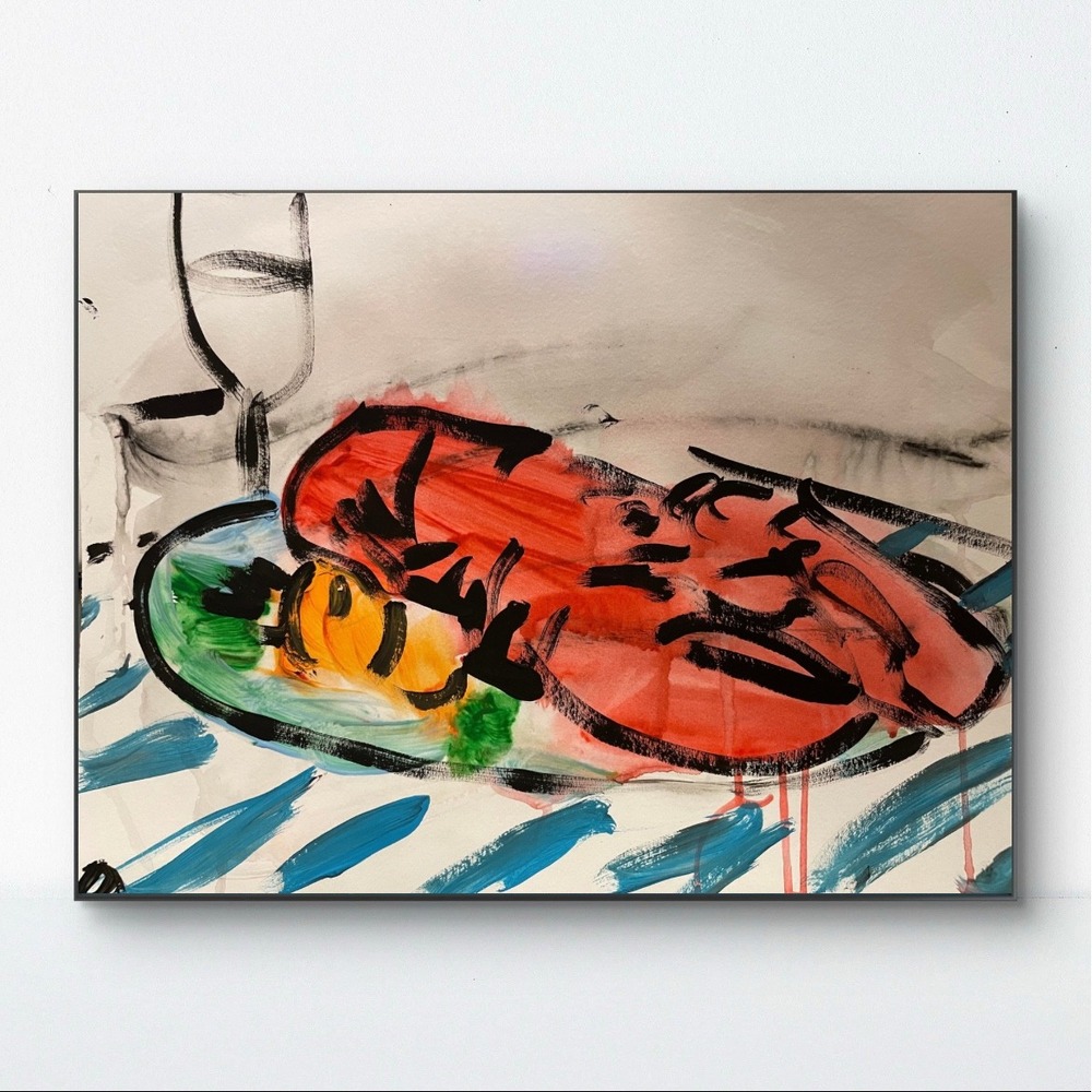 OMAN Original Painting Last Supper at the Pier Lobster Seafood Art 11x14 Paper